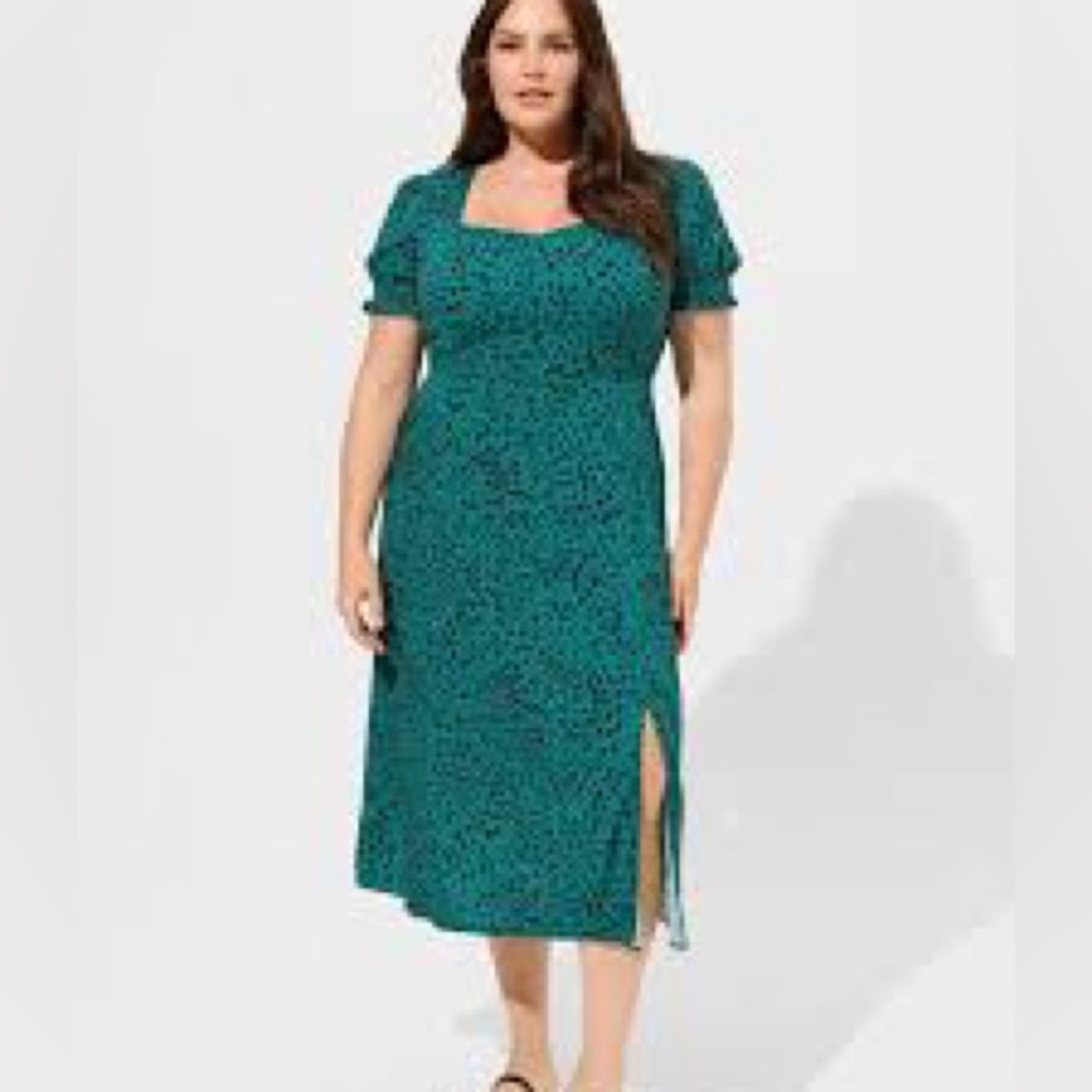 Torrid Midi Dress Green Leopard 2X Sweetheart Tea Length A-Line‎ Retro Feminine
